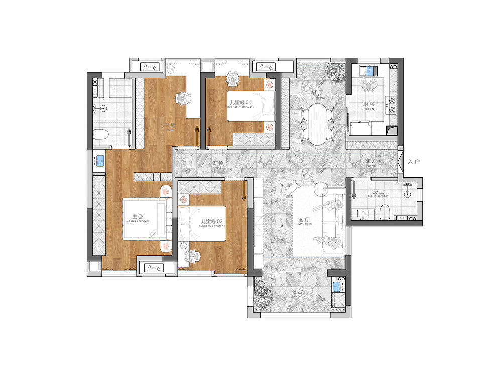 天匯龍城龍桂苑143平中古風格裝修效果圖